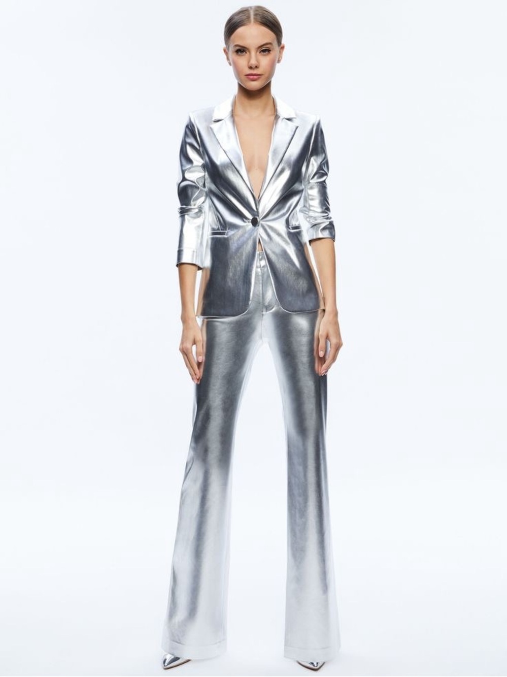 Alice + Olivia Livi Silver Metallic Vegan Leather Flare Pants Size 0 NWT